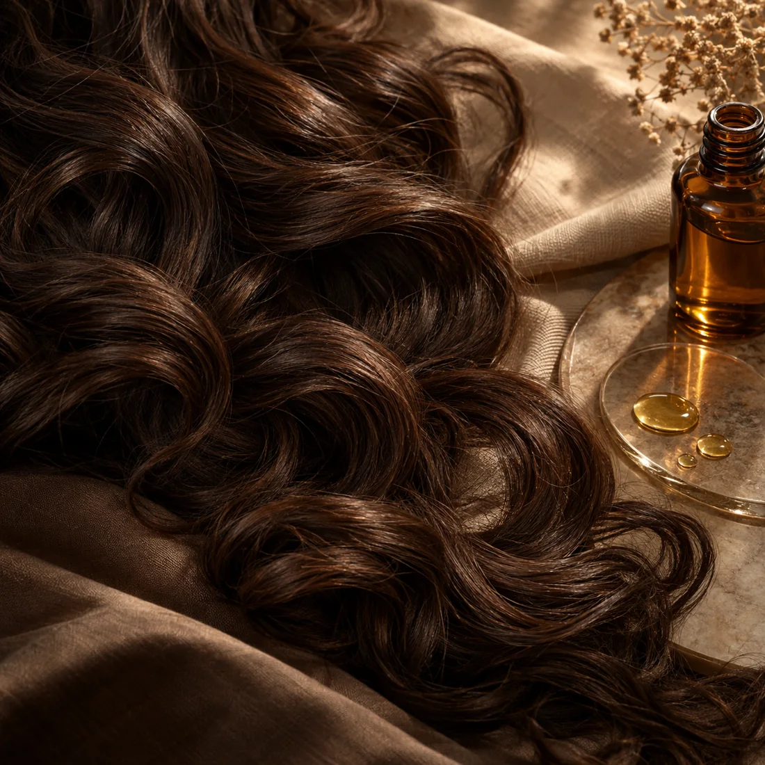 Boucles brunes et huile capillaire