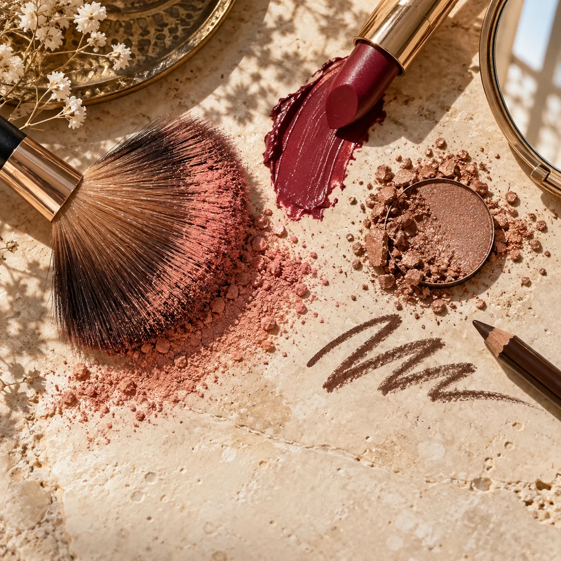 Pinceau, rouges et pigments de maquillage